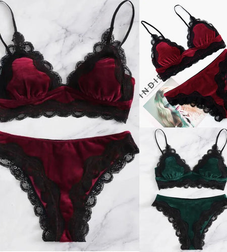 Solid Comfy Velvet Lingeries for Women Floral Lace Gathered Bras and Thong Set 2Pcs Seductive Lingerie Sexy Sleepwear Pajama Set