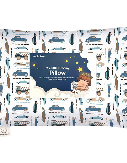 Load image into Gallery viewer, Toddler Pillow with Pillowcase - 13X18 My Little Dreamy Pillow, Organic Cotton Toddler Pillows for Sleeping, Kids Pillow, Travel Pillows, Mini Pillow, Nursery Pillow, Toddler Bed Pillow (Vroom)
