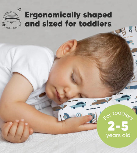 Toddler Pillow with Pillowcase - 13X18 My Little Dreamy Pillow, Organic Cotton Toddler Pillows for Sleeping, Kids Pillow, Travel Pillows, Mini Pillow, Nursery Pillow, Toddler Bed Pillow (Vroom)