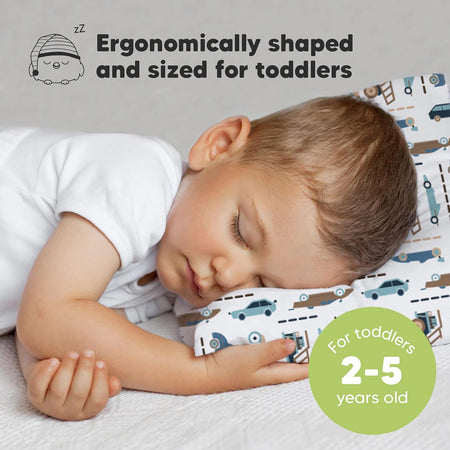 Toddler Pillow with Pillowcase - 13X18 My Little Dreamy Pillow, Organic Cotton Toddler Pillows for Sleeping, Kids Pillow, Travel Pillows, Mini Pillow, Nursery Pillow, Toddler Bed Pillow (Vroom)