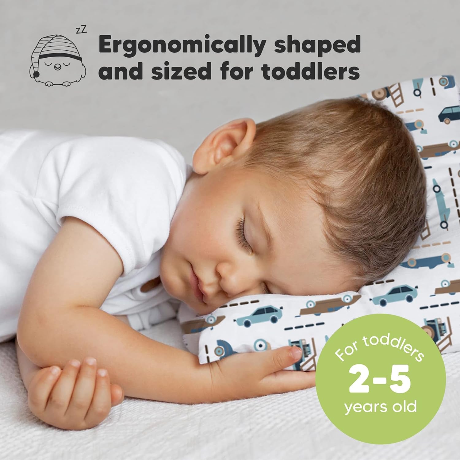 Toddler Pillow with Pillowcase - 13X18 My Little Dreamy Pillow, Organic Cotton Toddler Pillows for Sleeping, Kids Pillow, Travel Pillows, Mini Pillow, Nursery Pillow, Toddler Bed Pillow (Vroom)