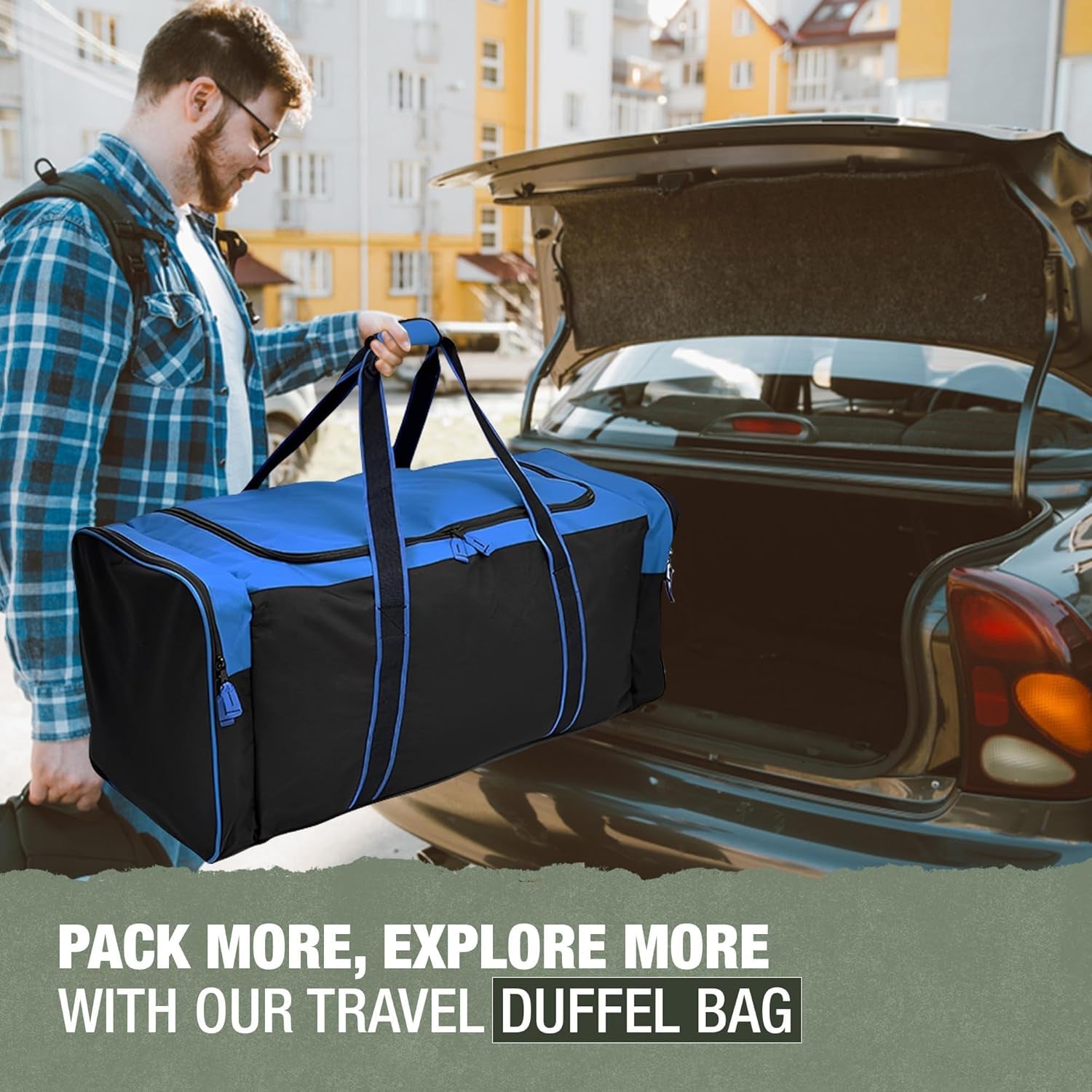Heavy Duty Multi Pocket Large Sports Gym Equipment 3-Pocket Travel Duffel Bag (36 Inch, Blue)