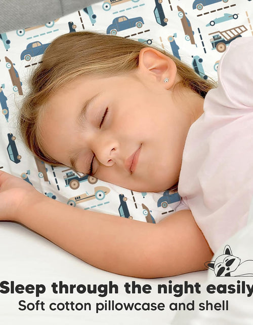 Load image into Gallery viewer, Toddler Pillow with Pillowcase - 13X18 My Little Dreamy Pillow, Organic Cotton Toddler Pillows for Sleeping, Kids Pillow, Travel Pillows, Mini Pillow, Nursery Pillow, Toddler Bed Pillow (Vroom)
