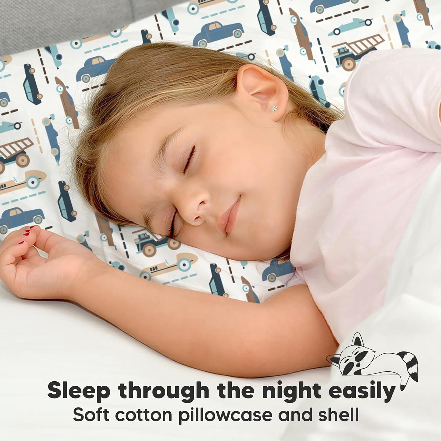 Toddler Pillow with Pillowcase - 13X18 My Little Dreamy Pillow, Organic Cotton Toddler Pillows for Sleeping, Kids Pillow, Travel Pillows, Mini Pillow, Nursery Pillow, Toddler Bed Pillow (Vroom)