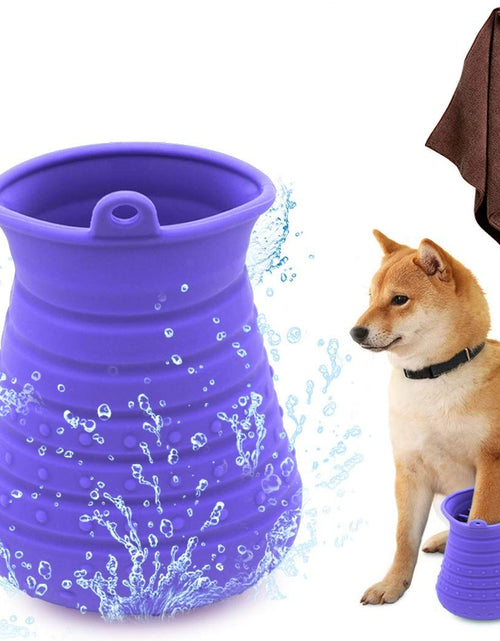 Load image into Gallery viewer, Dog Paw Cleaner Cup with Towel Pet Foot Washer Protable Dogs Cleaning Brush for Puppy Cats Massage Grooming Dirty Claws (Purple)
