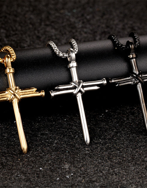 Load image into Gallery viewer, Steel Gold Black Color Fashion Mens Iron Nail Cross Pendant Necklace Stainless Steel 3Mm round Box Chain Jewelry Gift for Men
